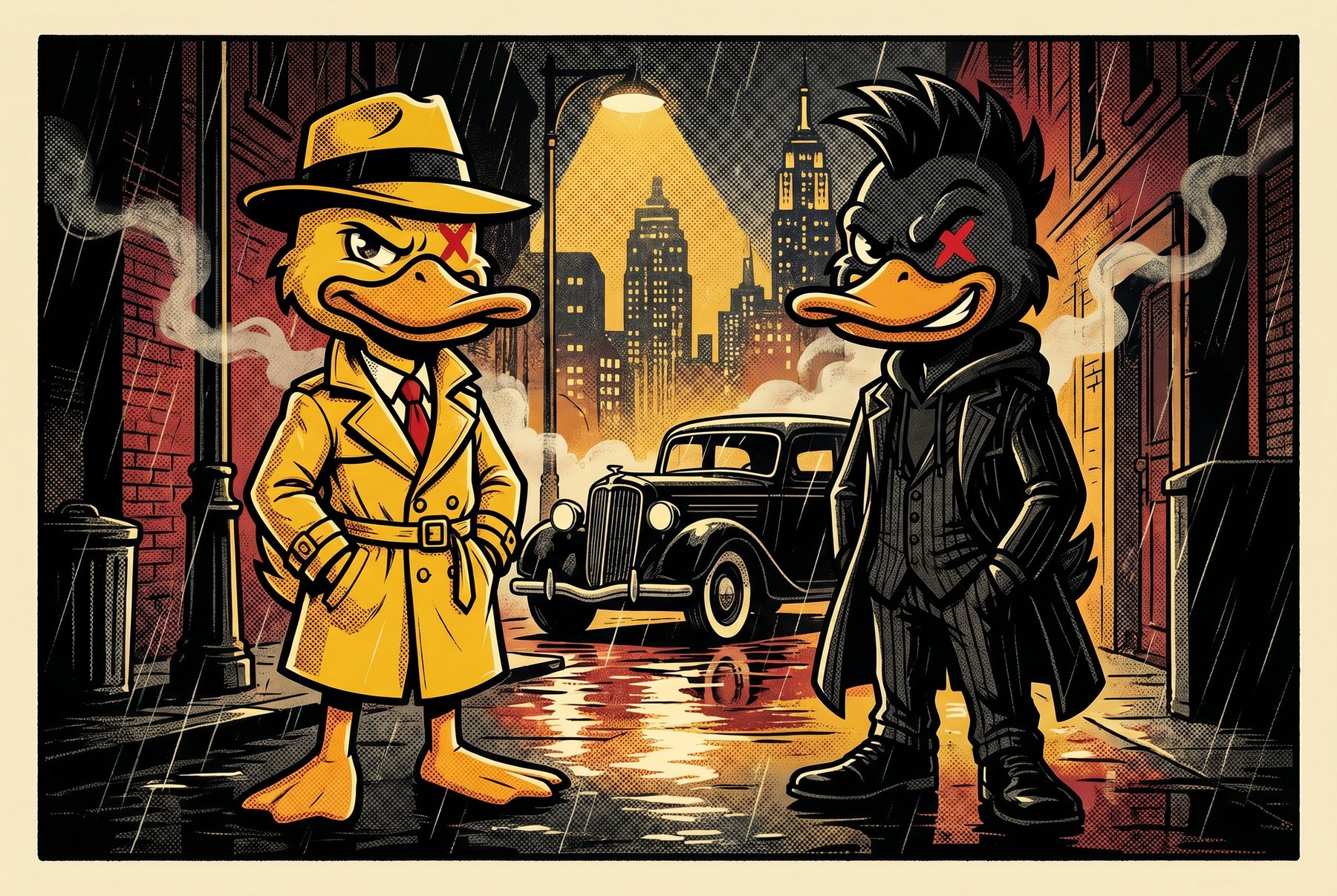 Duck Crazy campaign art — the Craftsman detective duck and the Hooligan gangster duck facing off on a rain-slicked 1930s street