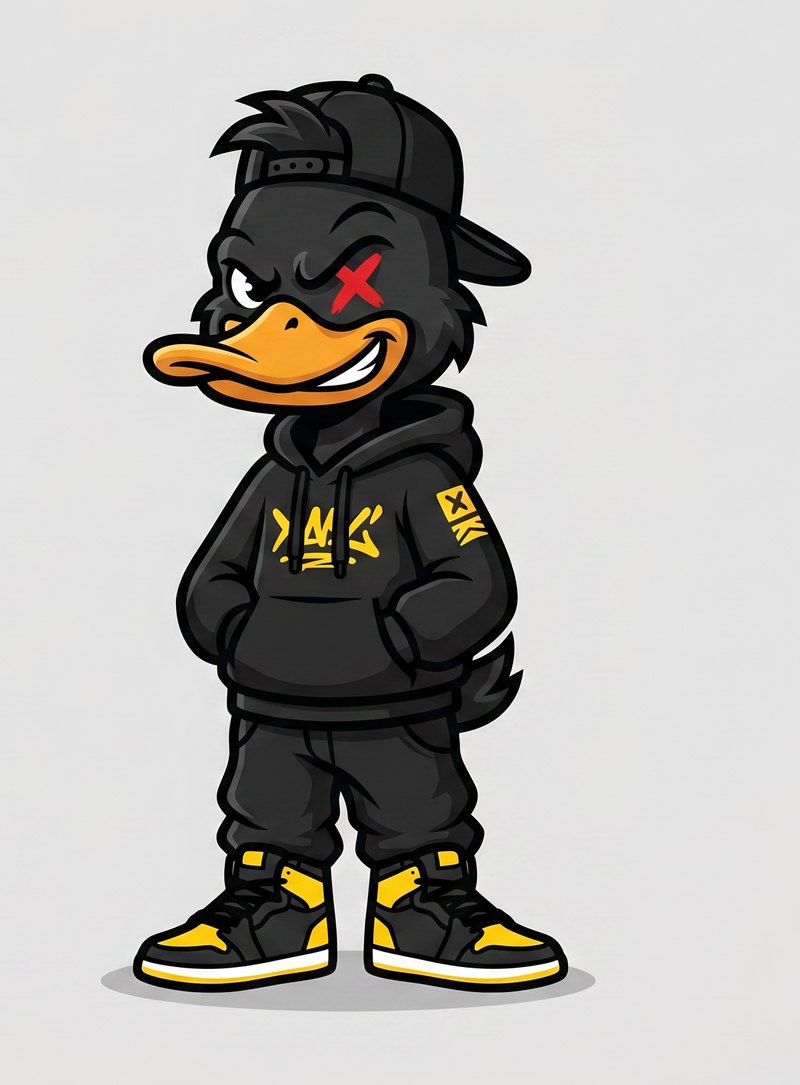 Havoc — Duck Crazy's Hooligan mascot in black hoodie and cap, red X eye