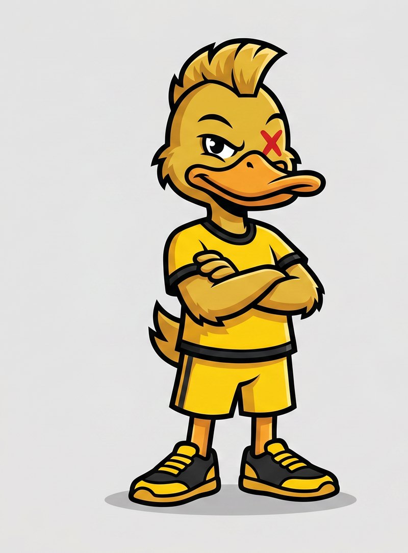 Midas — Duck Crazy's Craftsman mascot, arms crossed, red X eye