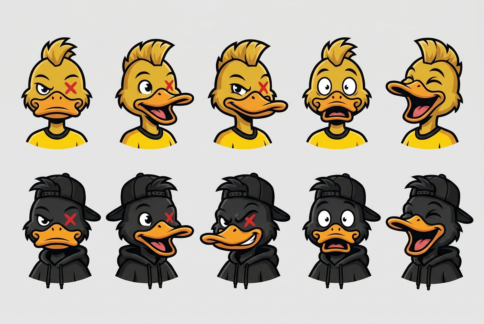Duck Crazy mascot expression range — the Craftsman and the Hooligan in ten moods