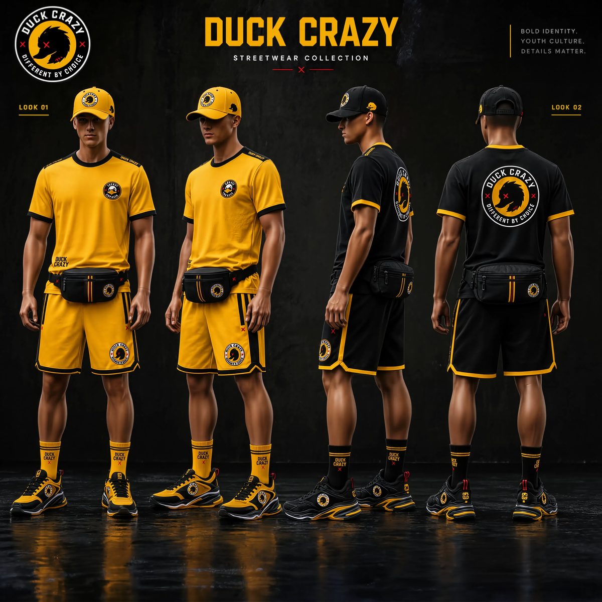 Duck Crazy collection — four models in the full yellow and black looks