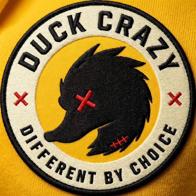 Macro close-up of the embroidered Duck Crazy woven patch — black mohawk duck with red X eye on a yellow roundel