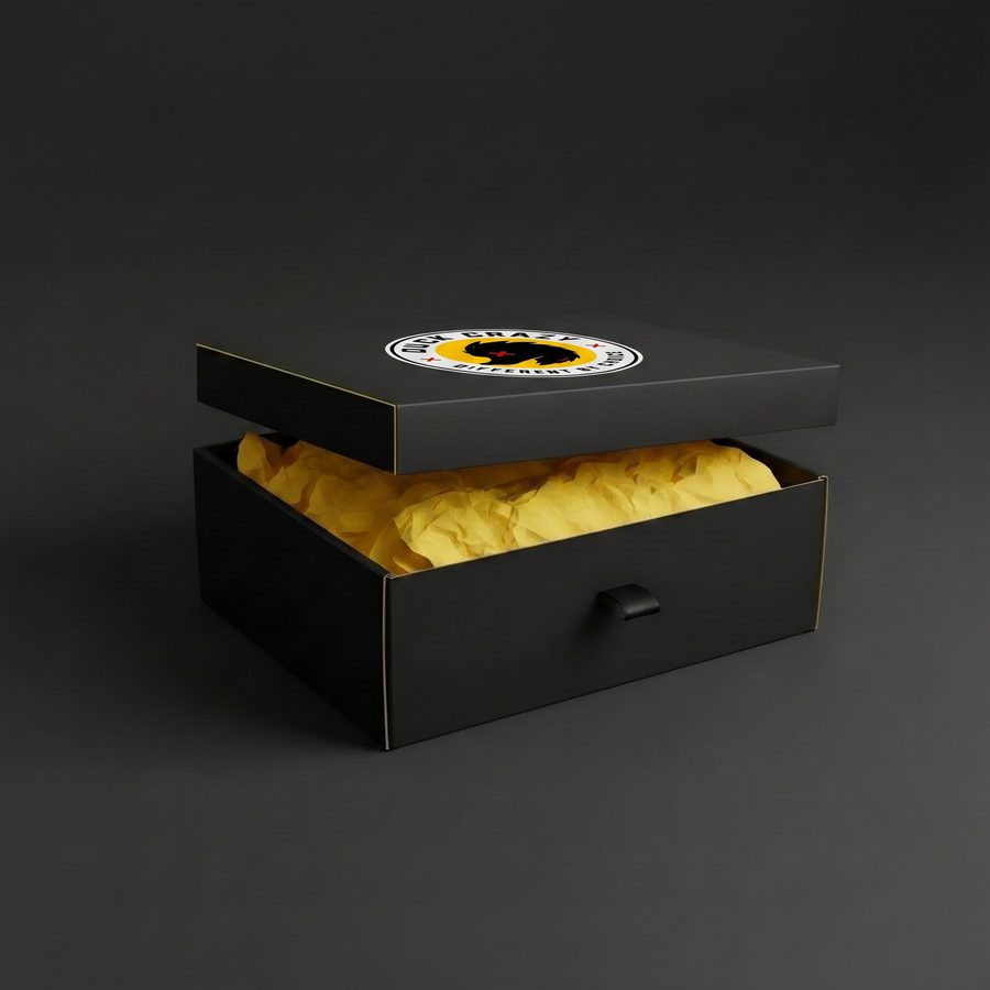 Duck Crazy premium magnetic gift box with yellow trim and tissue paper
