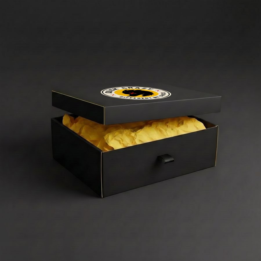 Duck Crazy premium magnetic gift box with yellow trim and tissue paper