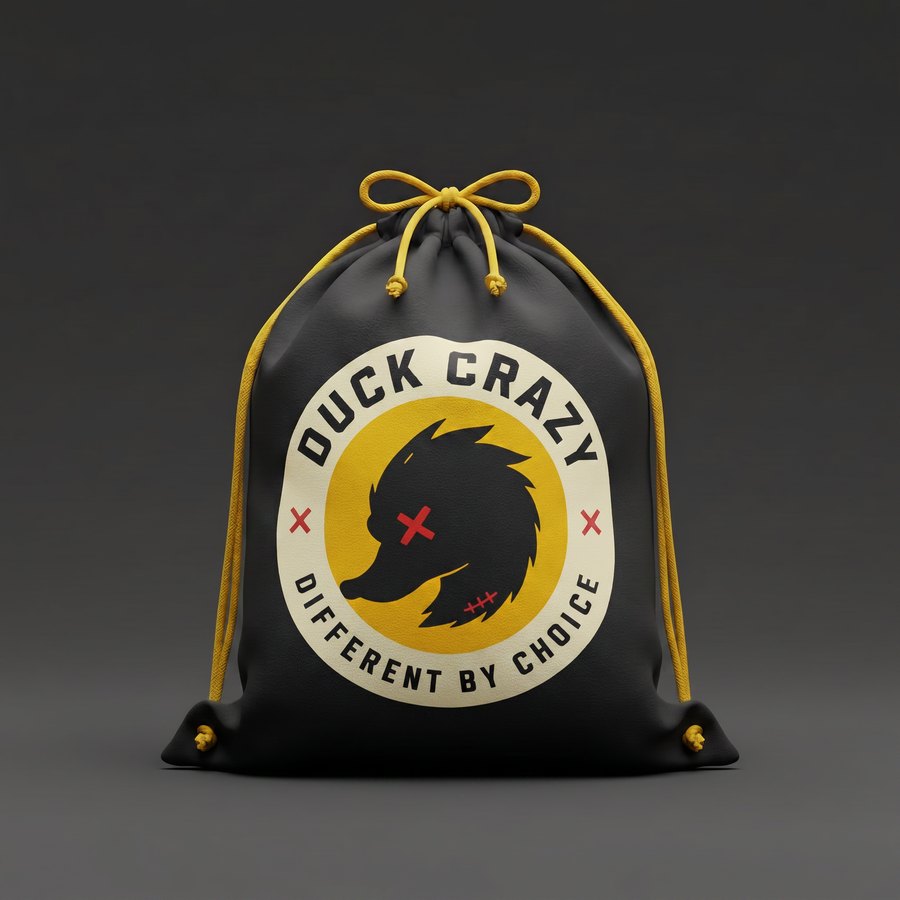Duck Crazy black drawstring dust bag with yellow roundel logo