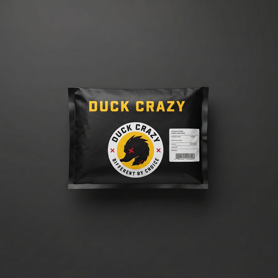Duck Crazy black courier mailer bag with branding and shipping label
