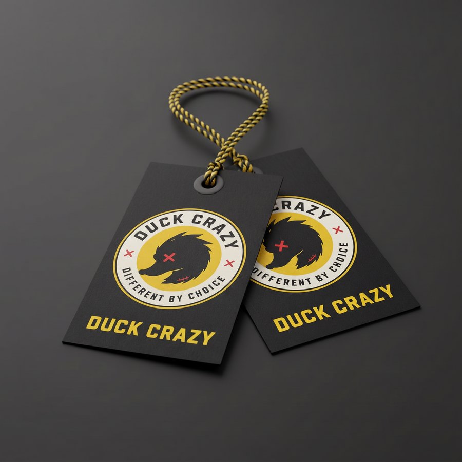 Duck Crazy black swing tags with yellow logo and cord